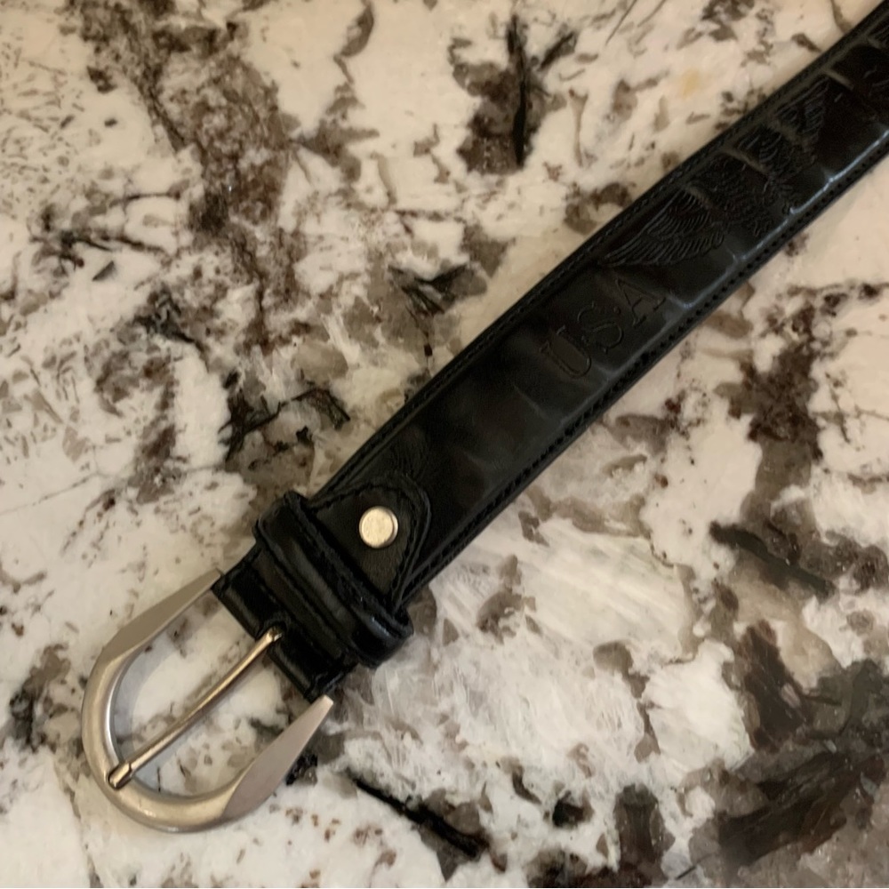 Mens Genuine Black Leather Embossed with Eagle & USA  - Silver-tone Buckle 34/36 - Picture 8 of 13